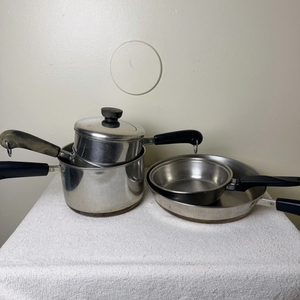 Vintage Revere Ware Copper Bottom 3 Pc Set I Pc Silver Bottom 1 Pc Flint Steel